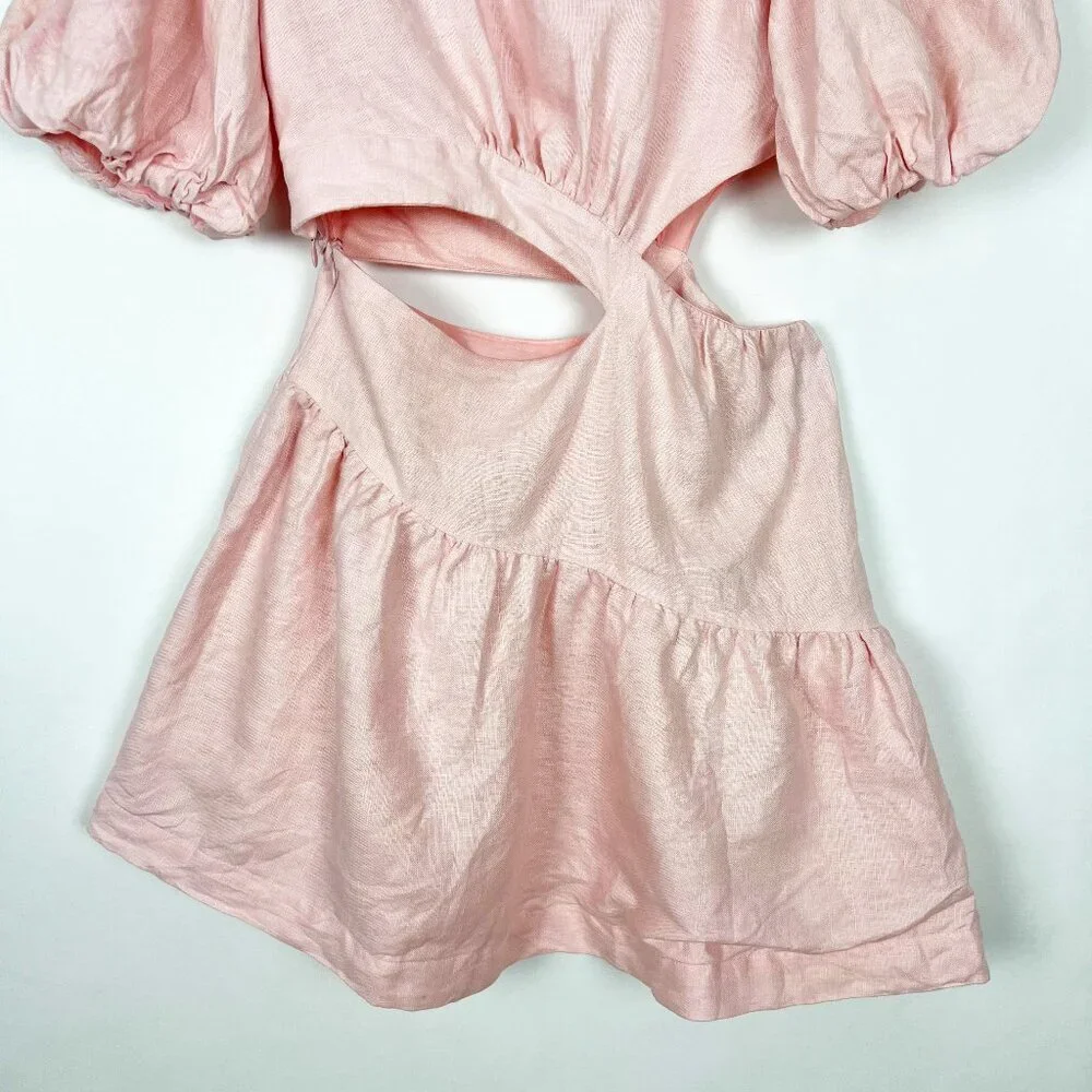 Bardot Mimi Cutout Dress 100% Linen Mini Women's Size US6 Soft Pink Puff Sleeves - Picture 4 of 15